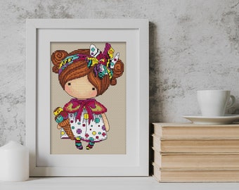 Doll Summer (094), series magic__dolls. DMC Cross Stitch Chart Needlepoint Pattern Embroidery Chart Printable PDF Instant Download