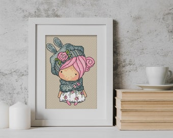 Doll Vintage Bunny (076), series MINI magic__dolls DMC Cross Stitch Chart Needlepoint Pattern Embroidery Printable PDF Instant Download