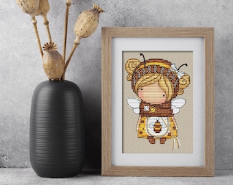 Doll Bee (074), series MINI magic__dolls DMC Cross Stitch Chart Needlepoint Pattern Embroidery Chart Printable PDF Instant Download
