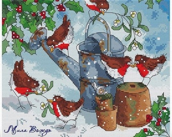 Christmas birds, DMC Cross Stitch Chart Needlepoint Pattern Embroidery Chart Printable PDF Instant Download