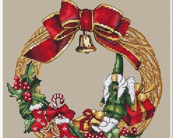 Wreath and elf, DMC Cross Stitch Chart Needlepoint Pattern Embroidery Chart Printable PDF Instant Download