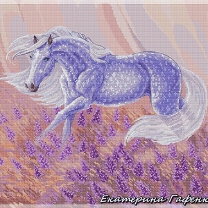 Pu&ograve; includere: Un cavallo bianco con un manto blu scintillante corre attraverso un campo di fiori di lavanda viola. La criniera e la coda del cavallo fluttuano nel vento. Lo sfondo &egrave; un tramonto morbido, rosa e arancione.