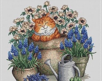 Orange Cat, Cross stitch design in PDF format, series by Julia Selina’s illustrations