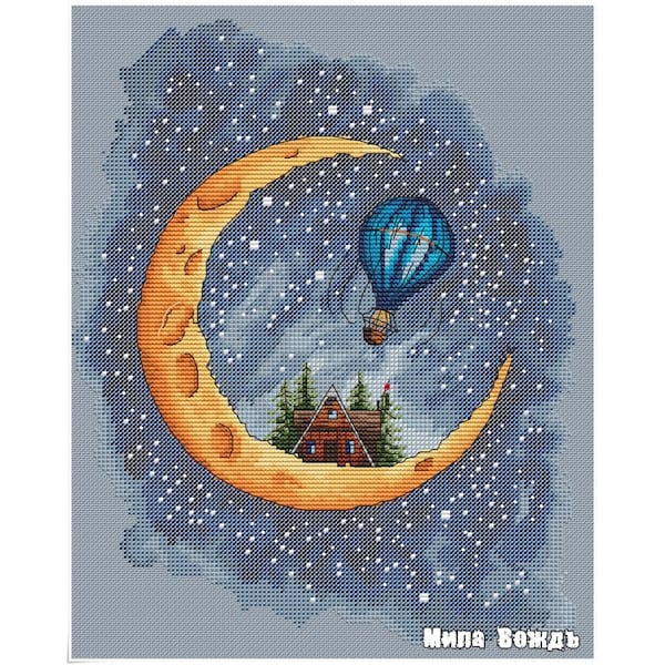 House on the moon, DMC Cross Stitch Chart Needlepoint Pattern Embroidery Chart Printable PDF Instant Download