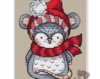 May include: A gray mouse wearing a red and white striped hat with a white pom-pom and a red and black plaid scarf.