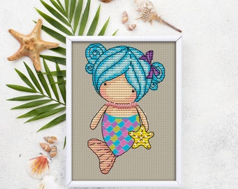 Doll Mermaid (107), series MINI magic__dolls DMC Cross Stitch Chart Needlepoint Pattern Embroidery Chart Printable PDF Instant Download