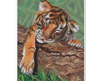Tiger cub, DMC Cross Stitch Chart Needlepoint Pattern Embroidery Chart Printable PDF Instant Download