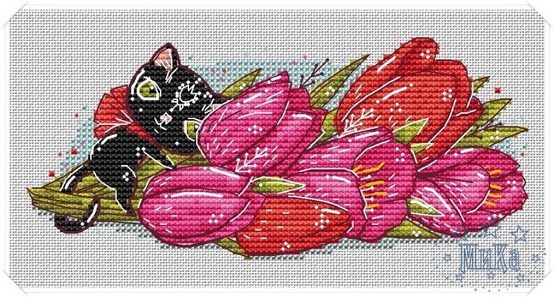 May include: Cross-stitch design featuring a black cat with white facial markings, nestled among vibrant red and pink tulips. Green leaves and stems add contrast. The design is set against a light gray background.