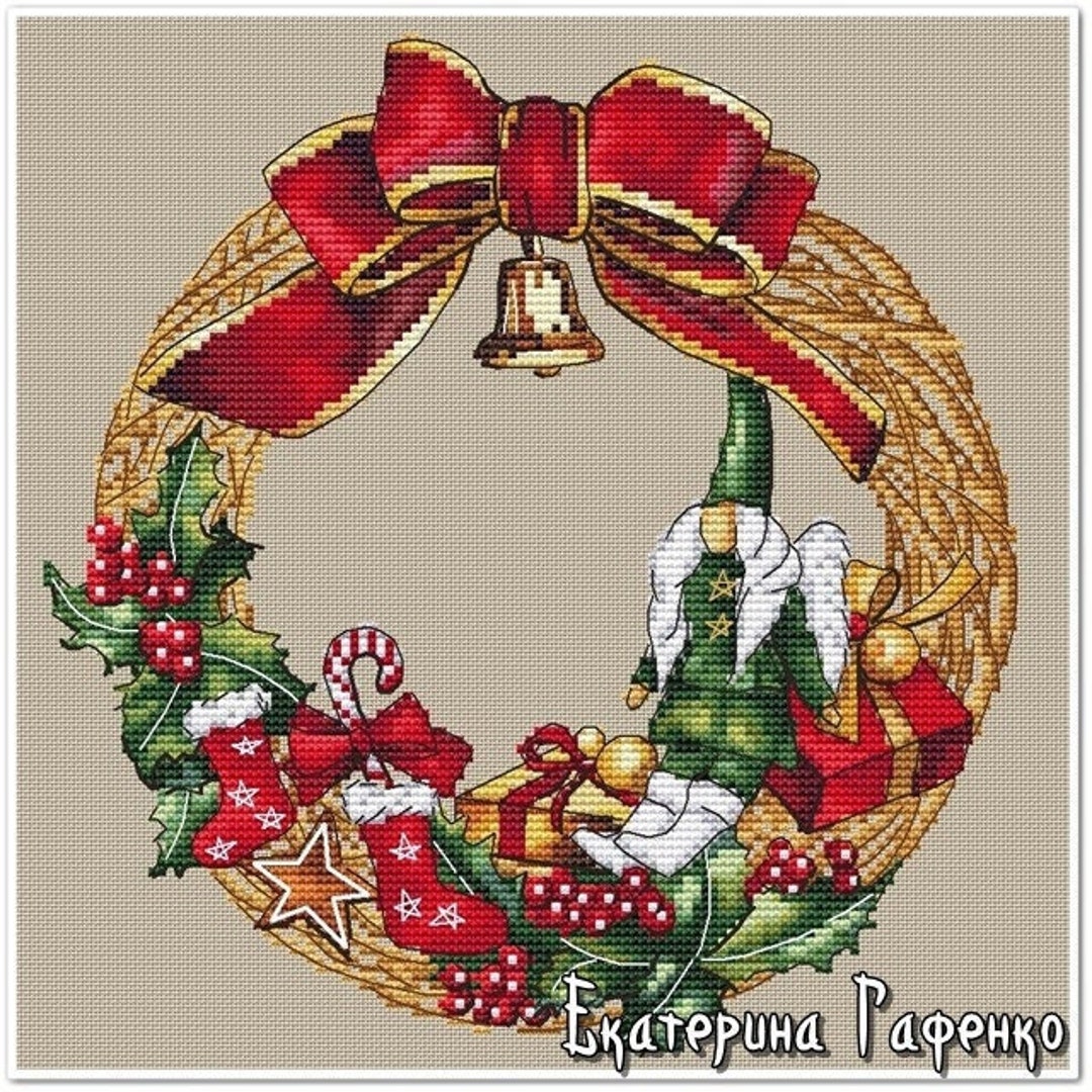 Wreath and Elf, DMC Cross Stitch Chart Needlepoint Pattern Embroidery ...