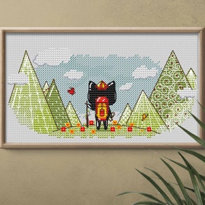 May include: Cross-stitch pattern of a black cat wearing a red hat and carrying a stick, standing in a green and blue landscape with mountains and clouds.