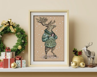 Reindeer, Cross-stitch design in PDF format, series by Julia Selina’s illustrations #ЗверушкиВСвитерахИСКружкой AnimalInSweatersAndWithMug