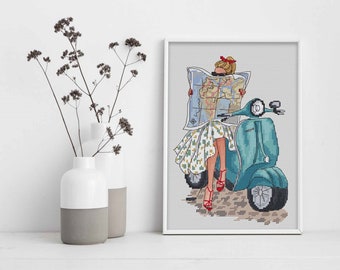 Girl on a moped, DMC Cross Stitch Chart Needlepoint Pattern Embroidery Chart Printable PDF Instant Download