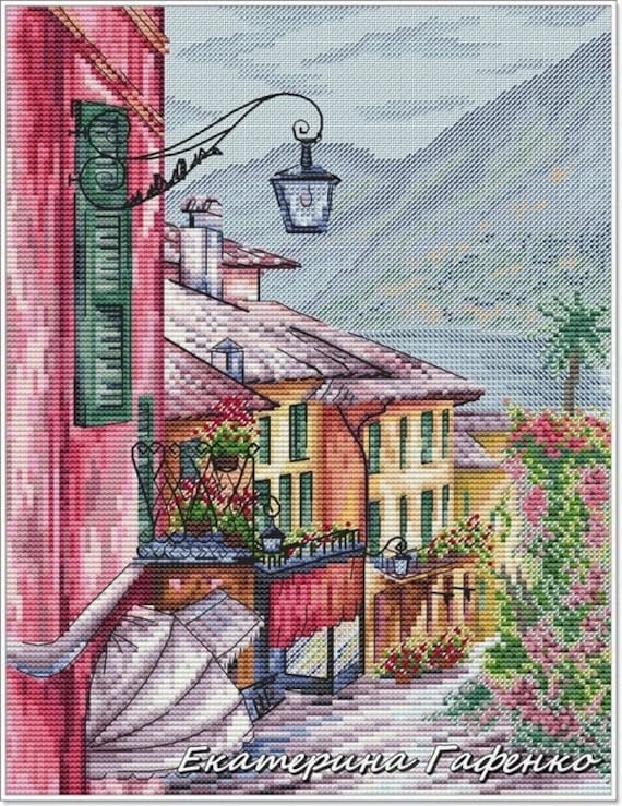 Embroidery Italian Fashion フェデリコロッカ　刺繡 Bellagio Street, Italy. DMC Cross Stitch Chart Needlepoint Pattern