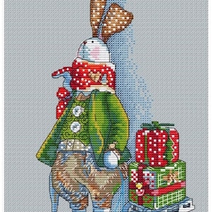 Kaninchen und Geschenke, DMC Kreuzstich Vorlage Stickmuster Stickvorlage Printable PDF Instant Download
