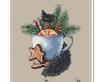 Cat with a cup, DMC Cross Stitch Chart Needlepoint Pattern Embroidery Chart Printable PDF Instant Download