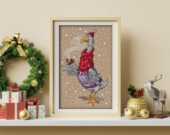 Goose, Cross-stitch design in PDF format, series by Julia Selina’s illustrations #ЗверушкиВСвитерахИСКружкой AnimalInSweatersAndWithMug