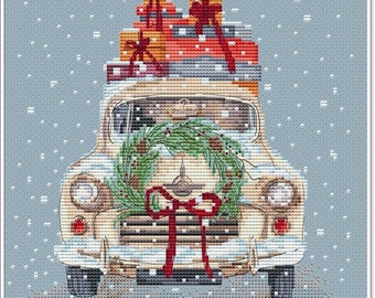 Car with gifts,  DMC Cross Stitch Chart Needlepoint Pattern Embroidery Chart Printable PDF Instant Download