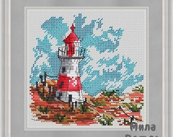 Lighthouse Day, DMC Cross Stitch Chart Needlepoint Pattern Embroidery Chart Printable PDF Instant Download