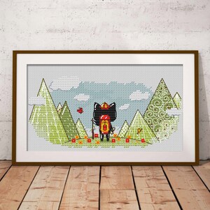 May include: Cross-stitch pattern featuring a black cat wearing a red hat and backpack, standing in a green field with mountains in the background.