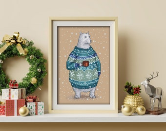 Puede incluir: Un oso polar blanco con un suéter azul y verde con copos de nieve y corazones. El oso sostiene una taza marrón y está de pie sobre un fondo beige con copos de nieve blancos.