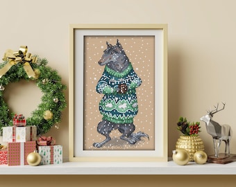 Wolf , Cross-stitch design in PDF format, series by Julia Selina’s illustrations #ЗверушкиВСвитерахИСКружкой AnimalInSweatersAndWithMug