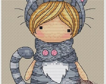 Doll Kitten, series magic__dolls. DMC Cross Stitch Chart Needlepoint Pattern Embroidery Chart Printable PDF Instant Download