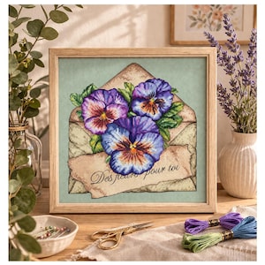 Könnte beinhalten: Kreuzstichkunst mit drei violetten Stiefmütterchen, die aus einem Vintage-Umschlag hervortreten. Das Kunstwerk ist in einem hellen Holzrahmen gerahmt und trägt den Text "Des fleurs pour toi". Stickgarn und eine goldene Schere sind ebenfalls zu sehen.