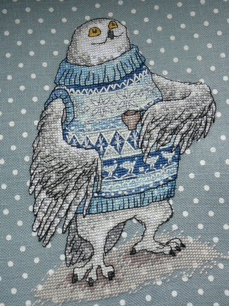 Polar owl, Cross-stitch design in PDF format, series by Julia Selinas illustrations ЗверушкиВСвитерахИСКружкой AnimalInSweatersAndWithMug image 4