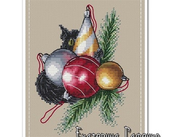 Cat with Christmas toys, DMC Cross Stitch Chart Needlepoint Pattern Embroidery Chart Printable PDF Instant Download