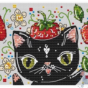 May include: Cross-stitch design featuring a black cat with green eyes, adorned with a strawberry on its head and surrounded by red strawberries, white flowers, green leaves, and bees. The design is on a white background.