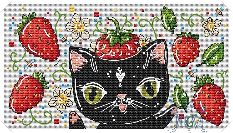 May include: Cross-stitch design featuring a black cat with green eyes, adorned with a strawberry on its head and surrounded by red strawberries, white flowers, green leaves, and bees. The design is on a white background.