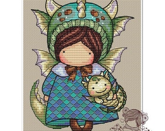 Doll Water dragon (176), series MINI magic__dolls DMC Cross Stitch Needlepoint Pattern Embroidery Chart Printable PDF Download