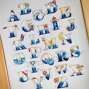 Sea ABCD.... DMC Cross Stitch Chart Needlepoint Pattern Embroidery Chart Printable PDF Instant Download
