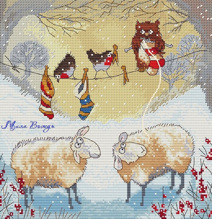 Owl knitting and sheep, DMC Cross Stitch Chart Needlepoint Pattern Embroidery Chart Printable PDF In