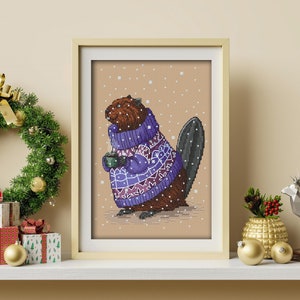 May include: A cross-stitch pattern of a brown beaver wearing a purple and white sweater, holding a cup of hot cocoa. The beaver is standing in a snowy landscape.
