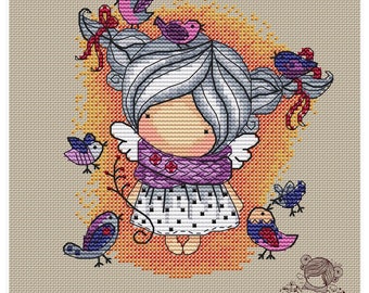 Doll Lady Birds Series Nine Ladies (149), magic__dolls DMC Cross Stitch Chart Pattern Embroidery Chart Printable PDF Instant Download