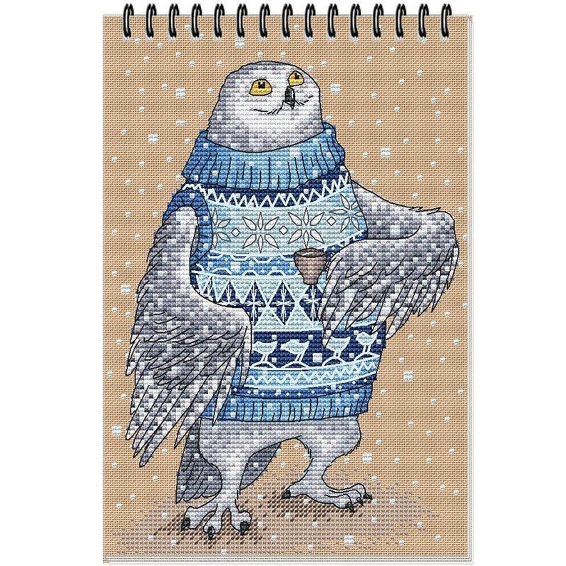 Polar owl, Cross-stitch design in PDF format, series by Julia Selinas illustrations ЗверушкиВСвитерахИСКружкой AnimalInSweatersAndWithMug image 3