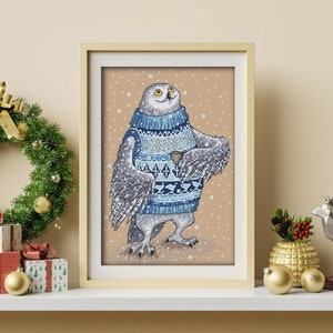 Polar owl, Cross-stitch design in PDF format, series by Julia Selinas illustrations ЗверушкиВСвитерахИСКружкой AnimalInSweatersAndWithMug image 1