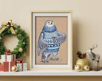 Polar owl, Cross-stitch design in PDF format, series by Julia Selina’s illustrations #ЗверушкиВСвитерахИСКружкой AnimalInSweatersAndWithMug