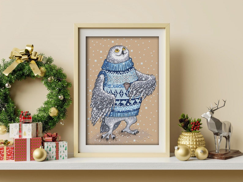 Polar owl, Cross-stitch design in PDF format, series by Julia Selinas illustrations ЗверушкиВСвитерахИСКружкой AnimalInSweatersAndWithMug image 1