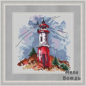 Lighthouse Sunset, DMC Cross Stitch Chart Needlepoint Pattern Embroidery Chart Printable PDF Instant Download