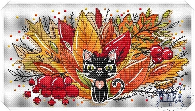 May include: A black cat with green eyes sits in a pile of colorful autumn leaves. The leaves are red, orange, and yellow. There are also red berries in the image. The cat has a pink heart on its chest. The image is a cross-stitch pattern.