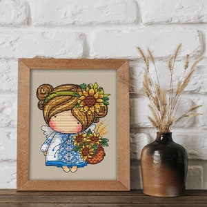 Doll With sunflowers, series MINI magic__dolls DMC Cross Stitch Chart Needlepoint Pattern Embroidery Chart Printable PDF Instant Download