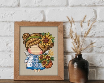 Doll With sunflowers, series MINI magic__dolls DMC Cross Stitch Chart Needlepoint Pattern Embroidery Chart Printable PDF Instant Download