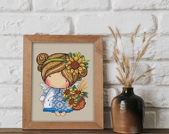 Doll With sunflowers, series MINI magic__dolls DMC Cross Stitch Chart Needlepoint Pattern Embroidery Chart Printable PDF Instant Download