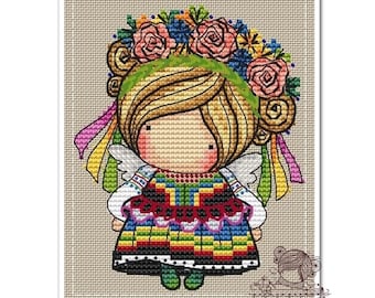 Doll Angel of Poland, series MINI magic__dolls DMC Cross Stitch Chart Needlepoint Pattern Embroidery Chart Printable PDF Instant Download