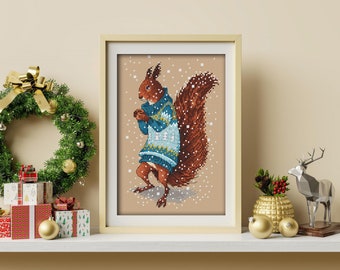 Squirrel, Cross-stitch design in PDF format, series by Julia Selina’s illustrations #ЗверушкиВСвитерахИСКружкой AnimalInSweatersAndWithMug