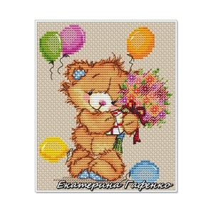 Bär mit einem Blumenstrauß, DMC Kreuzstichvorlage Stickmuster Stickvorlage Printable PDF Instant Download