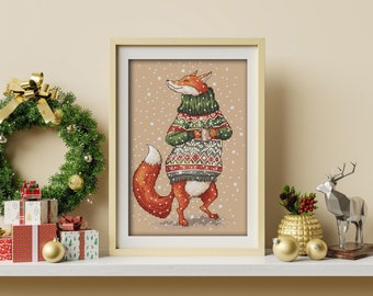 Fox, Cross-stitch design in pdf format, series by Julia Selina’s illustrations #ЗверушкиВСвитерахИСКружкой Animal In Sweaters And With Mug