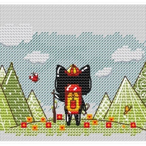 May include: A black cat with a red backpack and a hat is hiking in the mountains. The cat is surrounded by green mountains, a blue sky, and white clouds. There are red flowers and a butterfly in the scene. The text "Мика" is in the bottom right corner of the image.